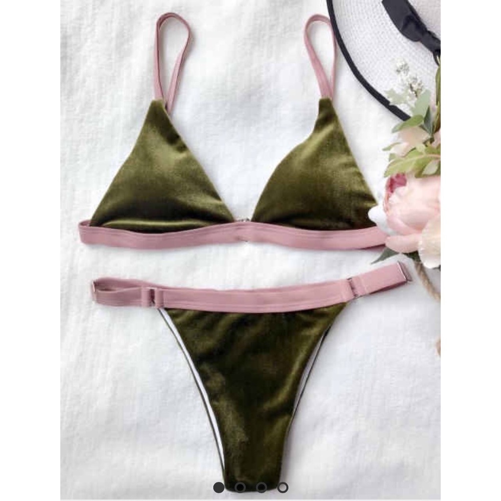 Forest green velvet and blush pink triangl bikini