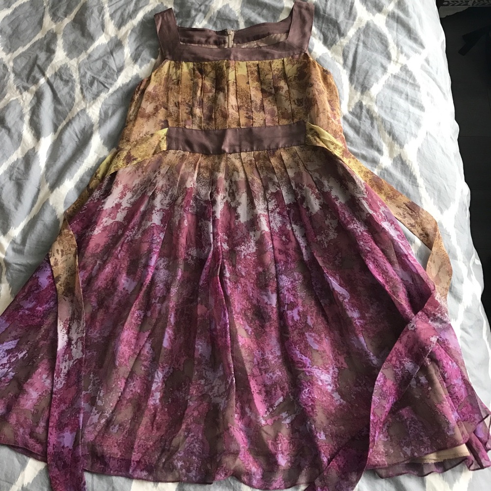 Anna Sui silk pleated multicolor dress.
