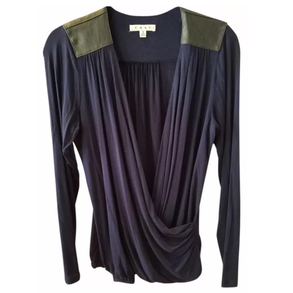 CAbi Navy blue w/ black leather trim blouse Med..