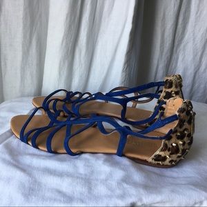 SCHUTZ blue/leopard flat strappy sandals