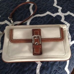 White tan leather Coach wristlet - large. Like new
