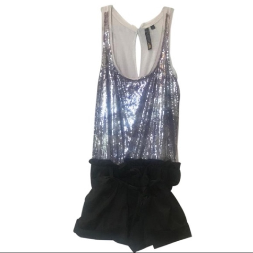 Silver sequined and black silk romper