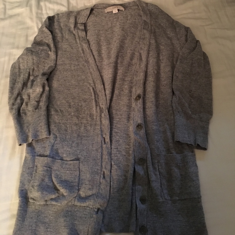 Grey 3/4 sleeve button up cardigan. Small. Loft.