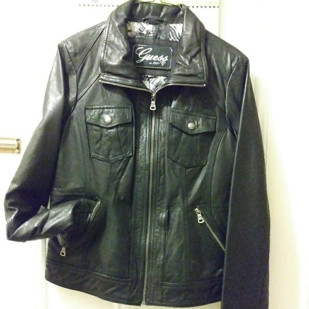 Guess Leather Jacket Black Geniune Leather