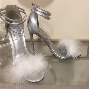 Metallic fur/ open toe heels