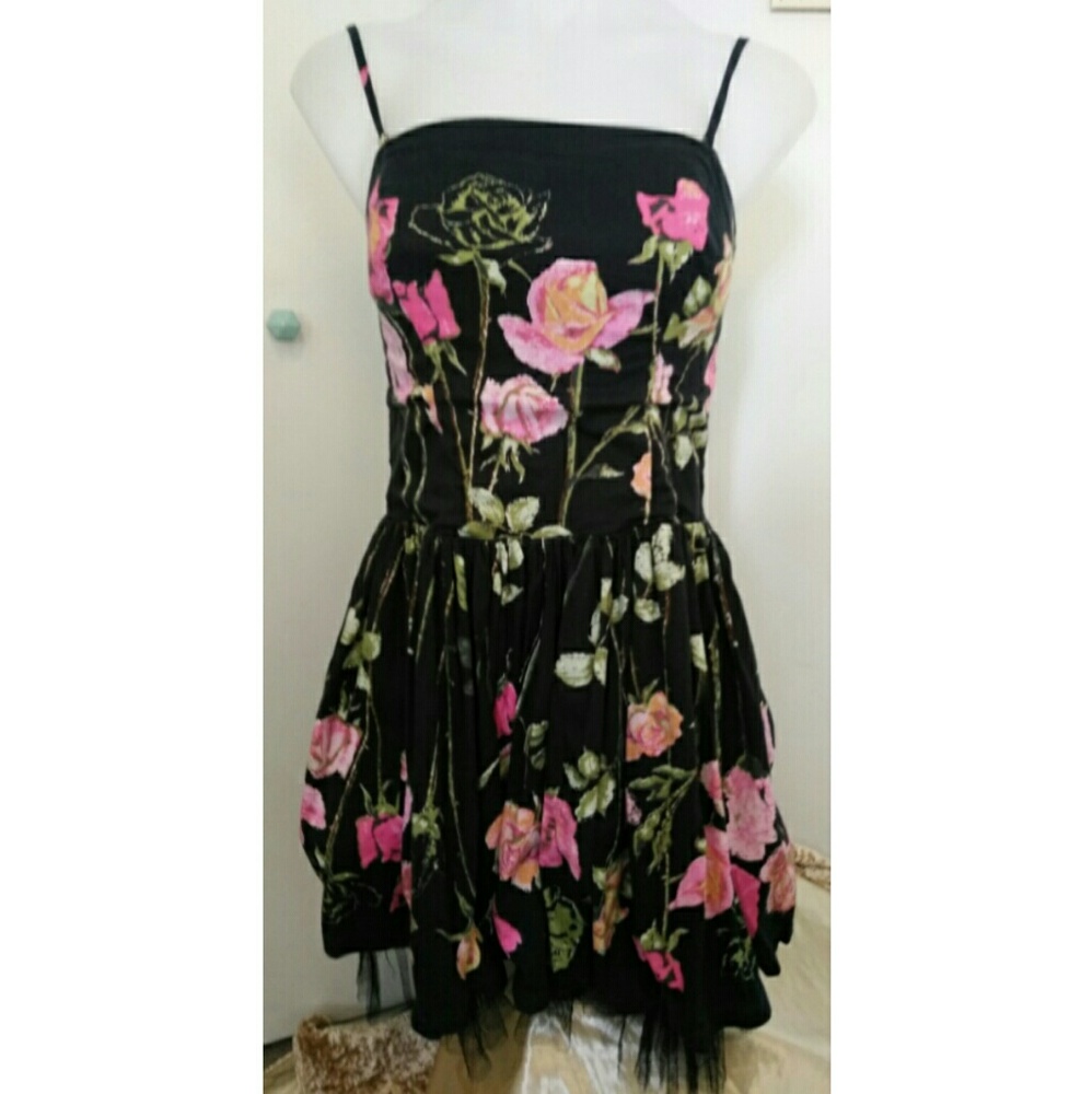 Betsey Johnson Dress Black Pink Roses Flair Sz 2
