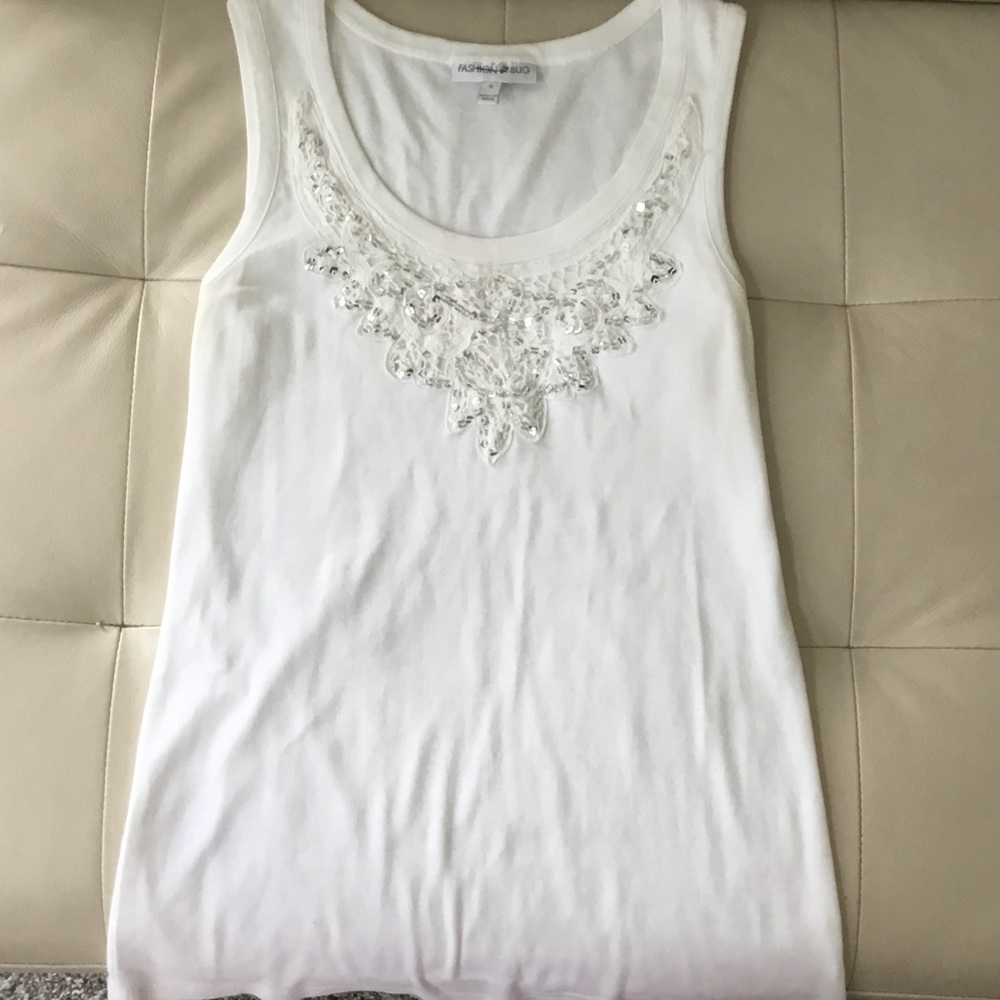 White Tank Top with Sequin Neck Line