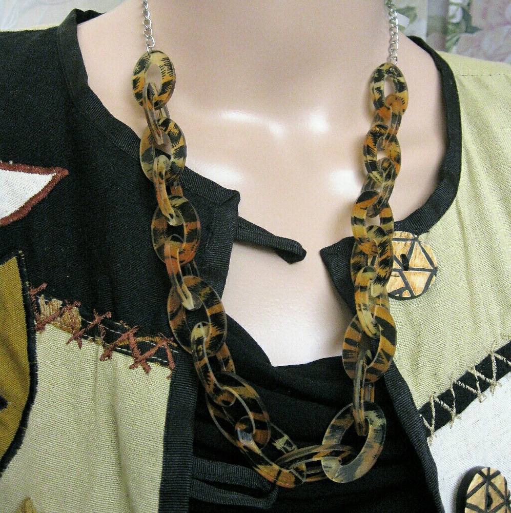 Oval Ring LUCITE Animal Print Long Necklace