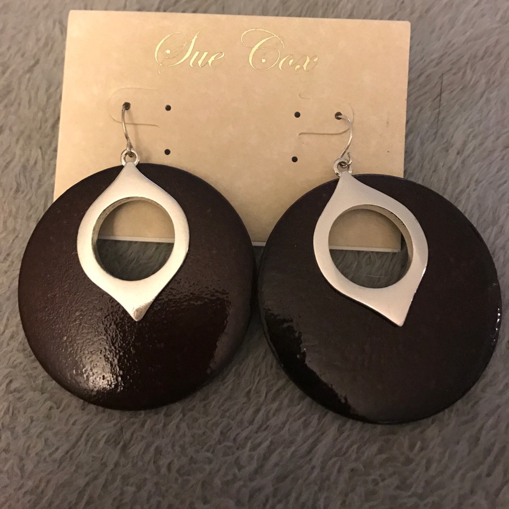 Brown wood and silver circle earrings