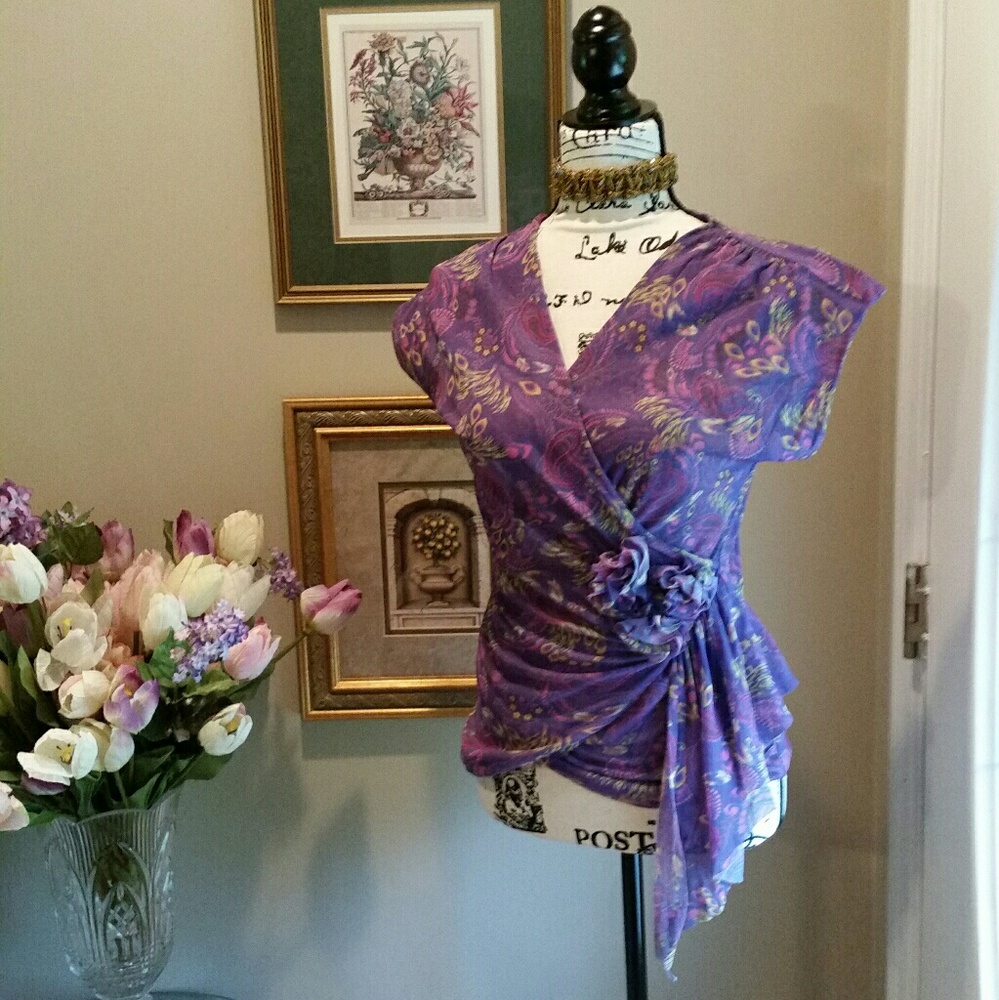 Johnny Heaven Mesh Surplice Top with Self-Flowers