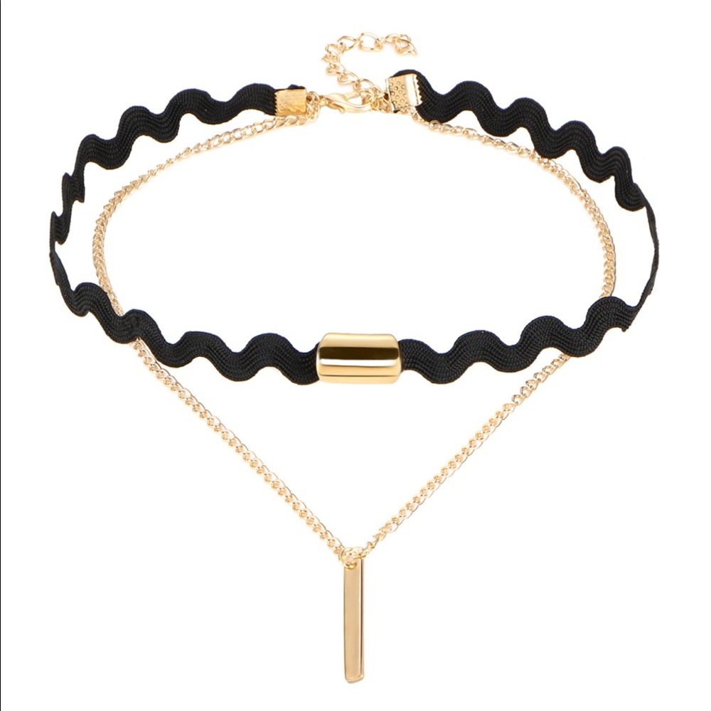 Black Wavy Dual Gold Charm Choker Necklace