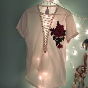 LF Rose Embroidered Lace Up Tee