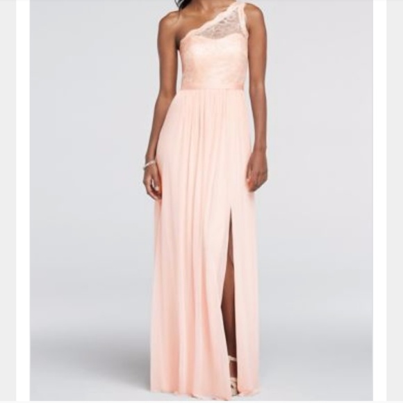 David's Bridal Dresses & Skirts - Long one shoulder metallic lace and mesh dress
