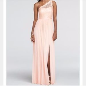 Long one shoulder metallic lace and mesh dress