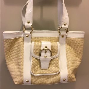 Coach woven straw and white medium leather tote