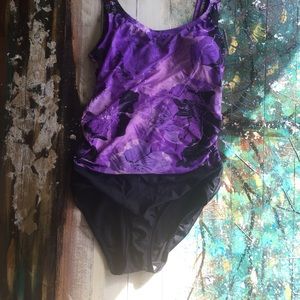 Womens speedo swimsuit flattering purple and black