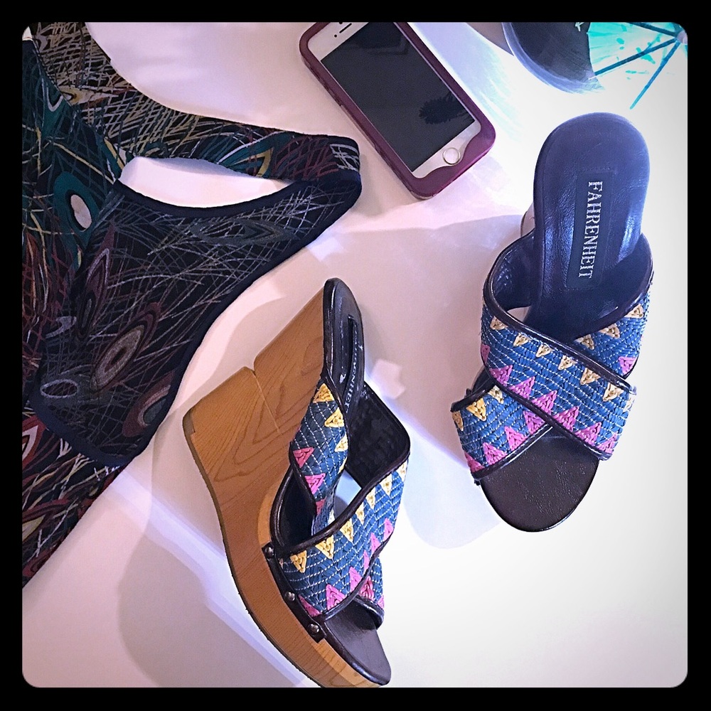 Fahrenheit | Blue/Pink/Yellow Aztec Wedge Sandals