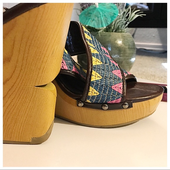 Fahrenheit | Blue/Pink/Yellow Aztec Wedge Sandals - Picture 4 of 4