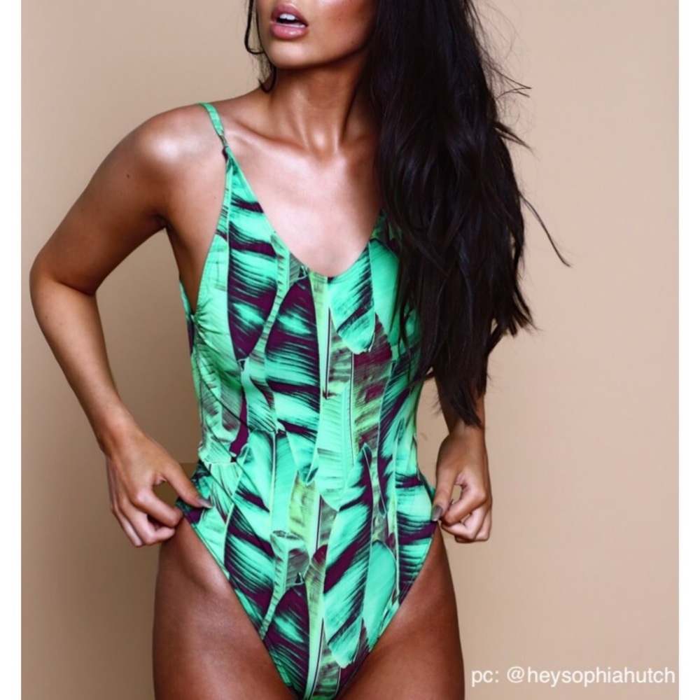 Green Leaf Pattern One Piece Swimsuit