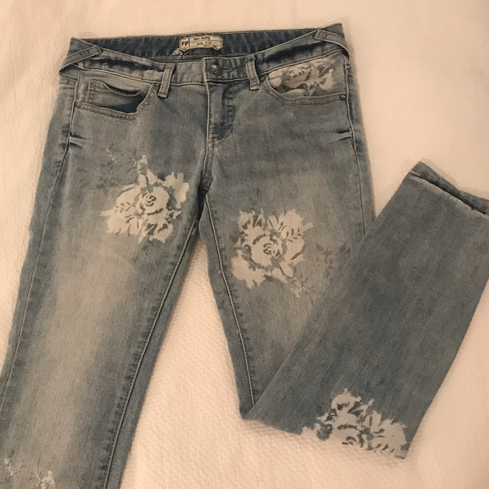 Free People, Floral Print, Distressed Ankle Jeans