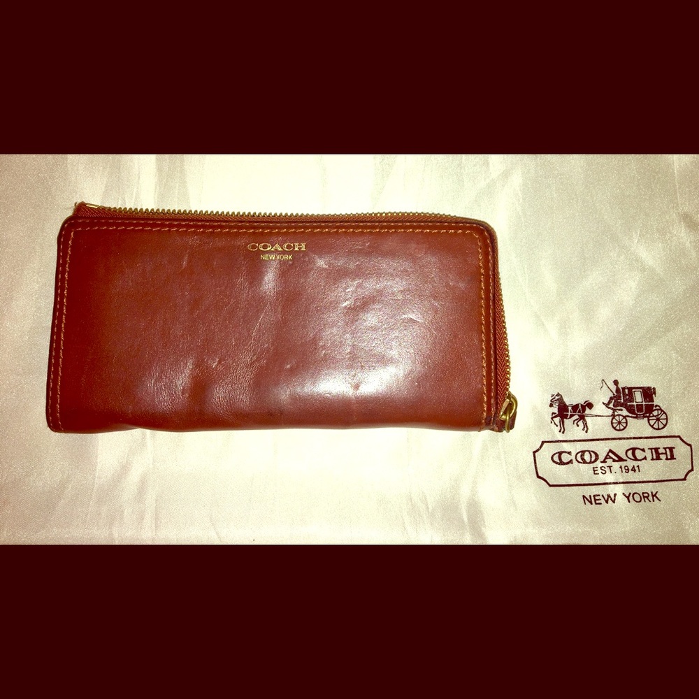 Cognac brown smooth leather zipper Coach wallet