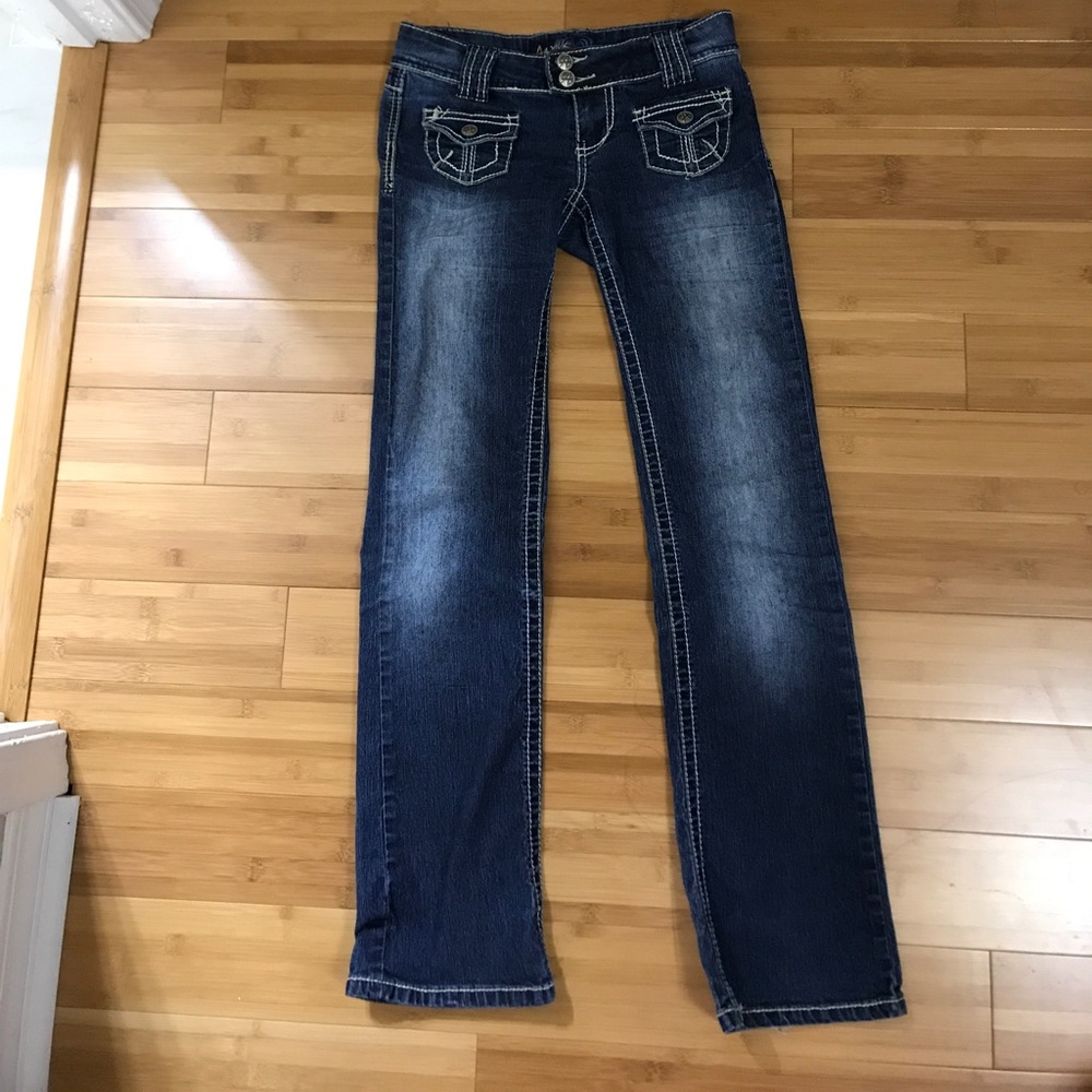 Low-rise, dark washed bootcut jeans