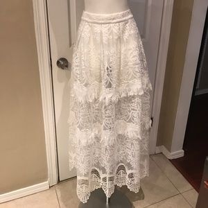 Lucy Paris White Fringe Embroidered maxi Skirt