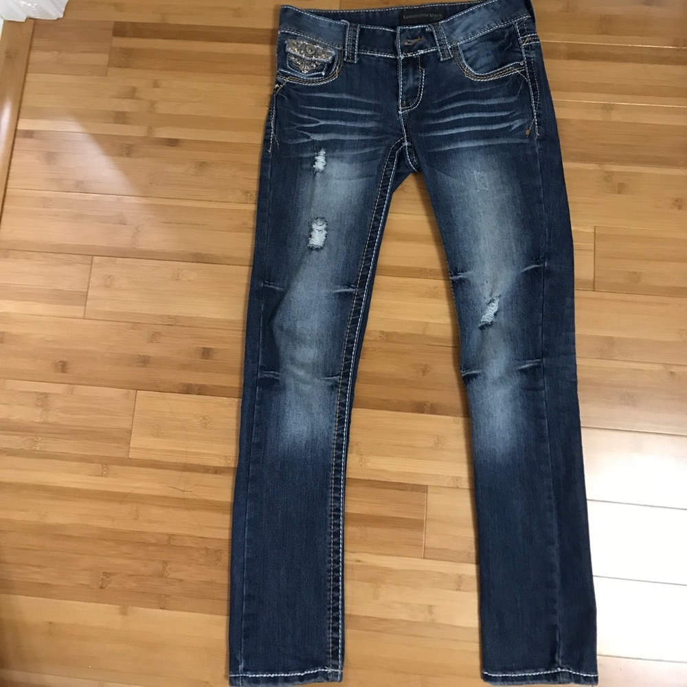Ripped beaded, dark-washed jeans