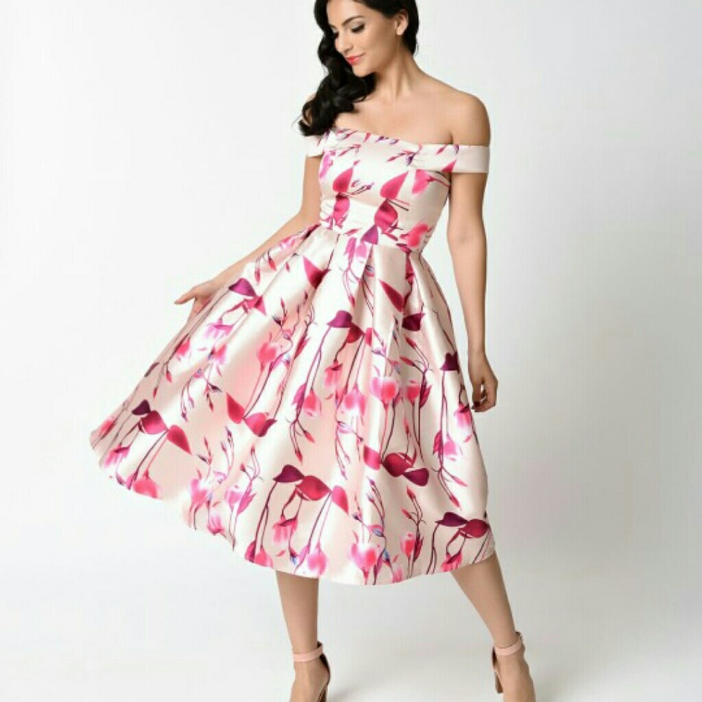 RETRO STYLE PINK FLORAL PRINT OFF SHOULDER DRESS