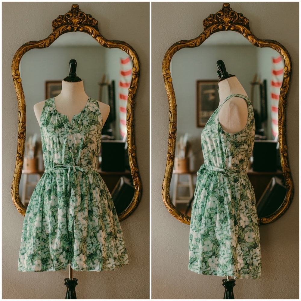 GAP Green Floral Sleeveless Button Up Shirt Dress