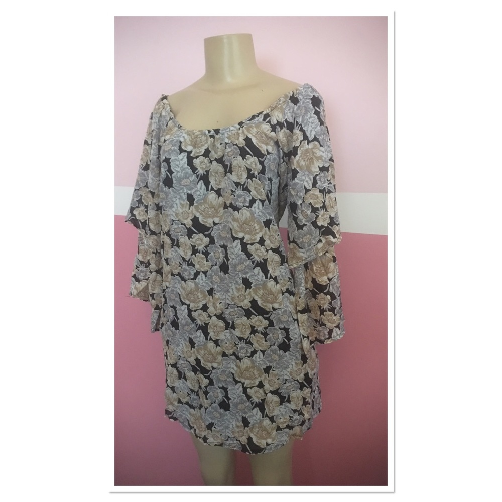 Floral Tunic Boho Dress / Off Shoulder Flared