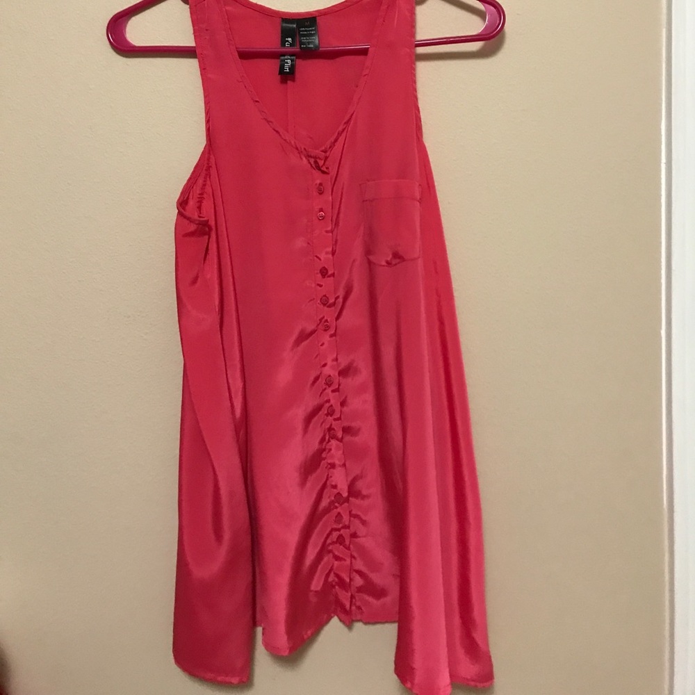 Long, satin, coral buttoned up blouse