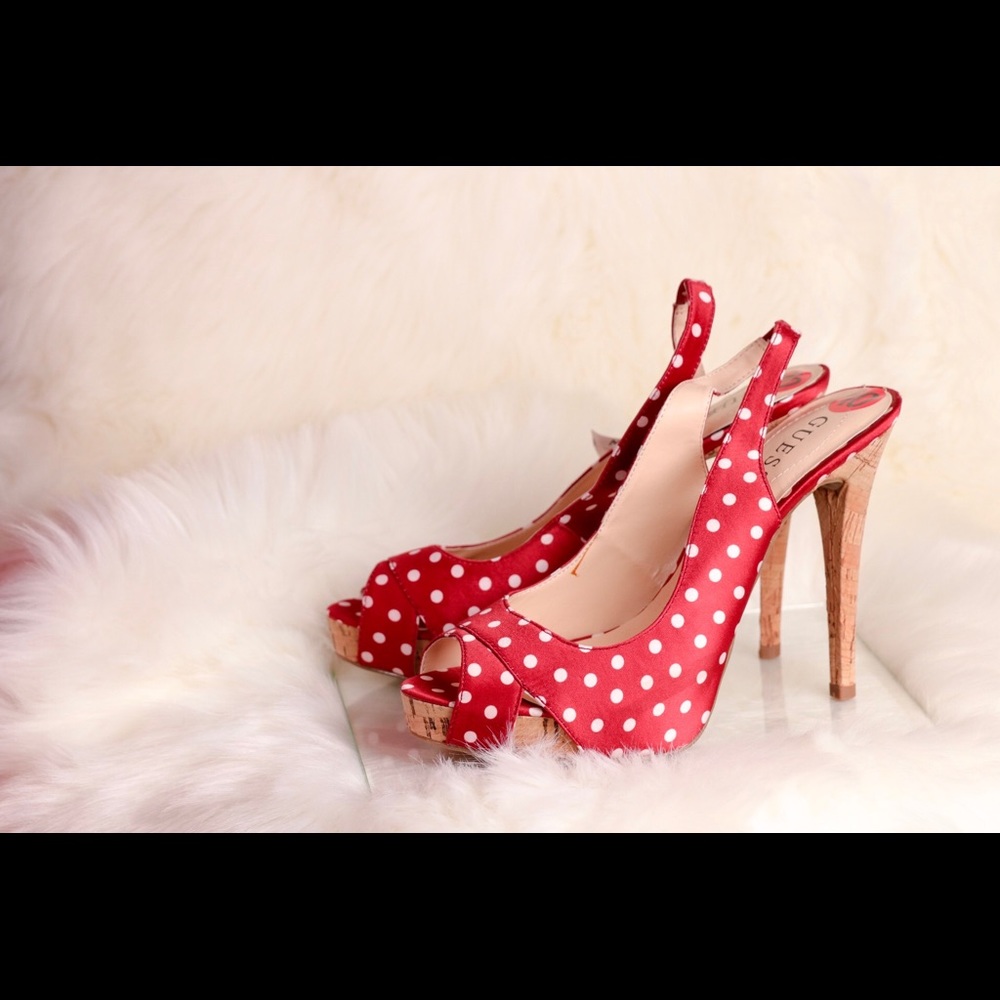 GUESS Red w/White Polka Dot Slingback PeepToe Heel