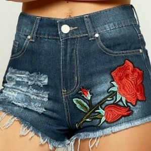 Embroidered High Waisted Denim Shorts Blue