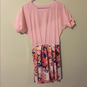 pink top, floral skirt combined into a dress