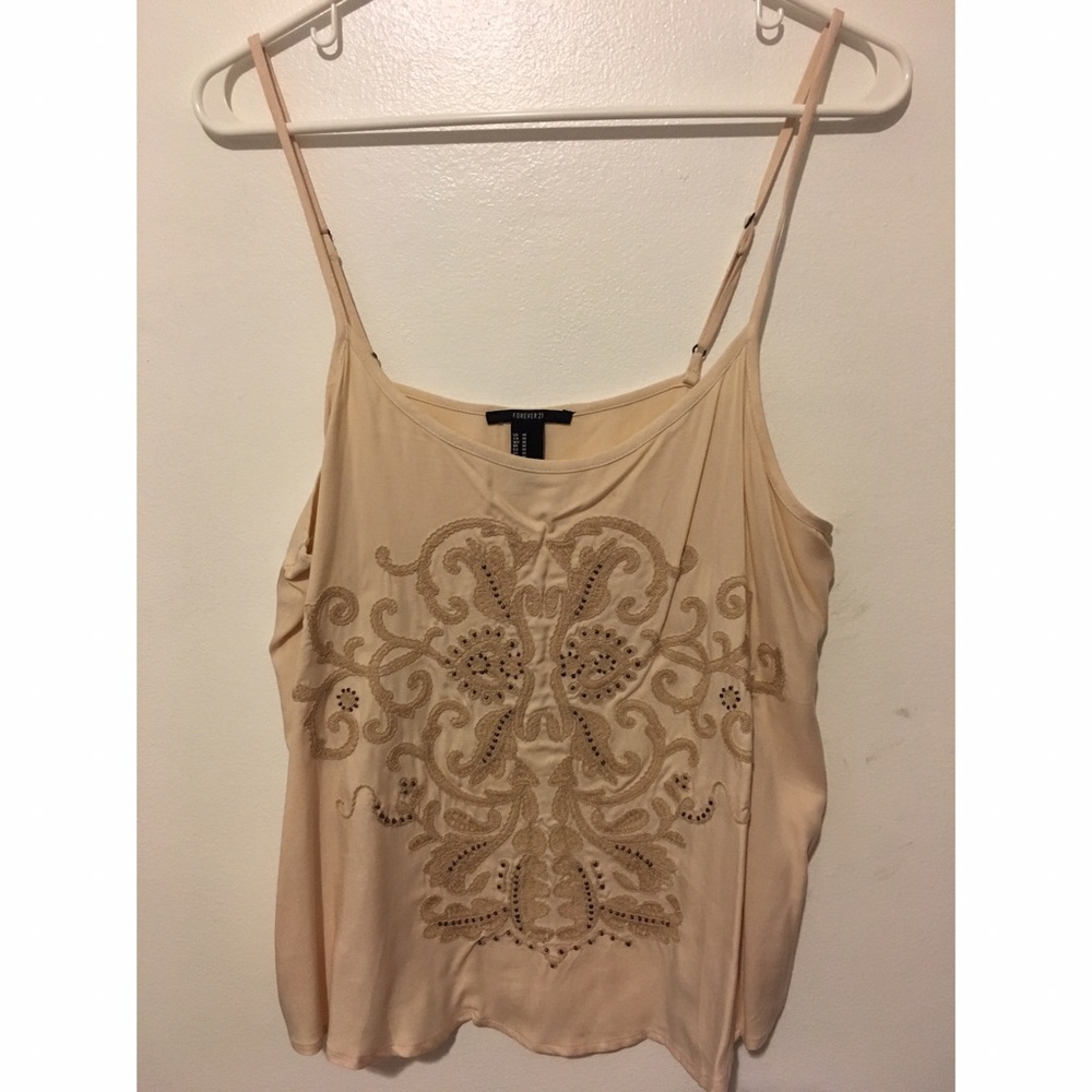 Beige embroidered spaghetti strap top