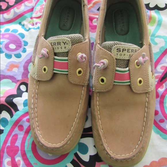 Sperry Shoes - Sperry Tan Boat Shoe with Pink/Green accents 7