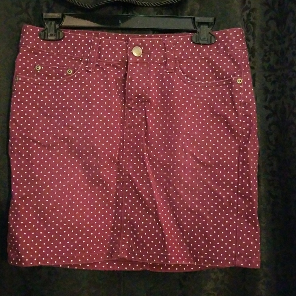 Burgundy polka dot denim skirt