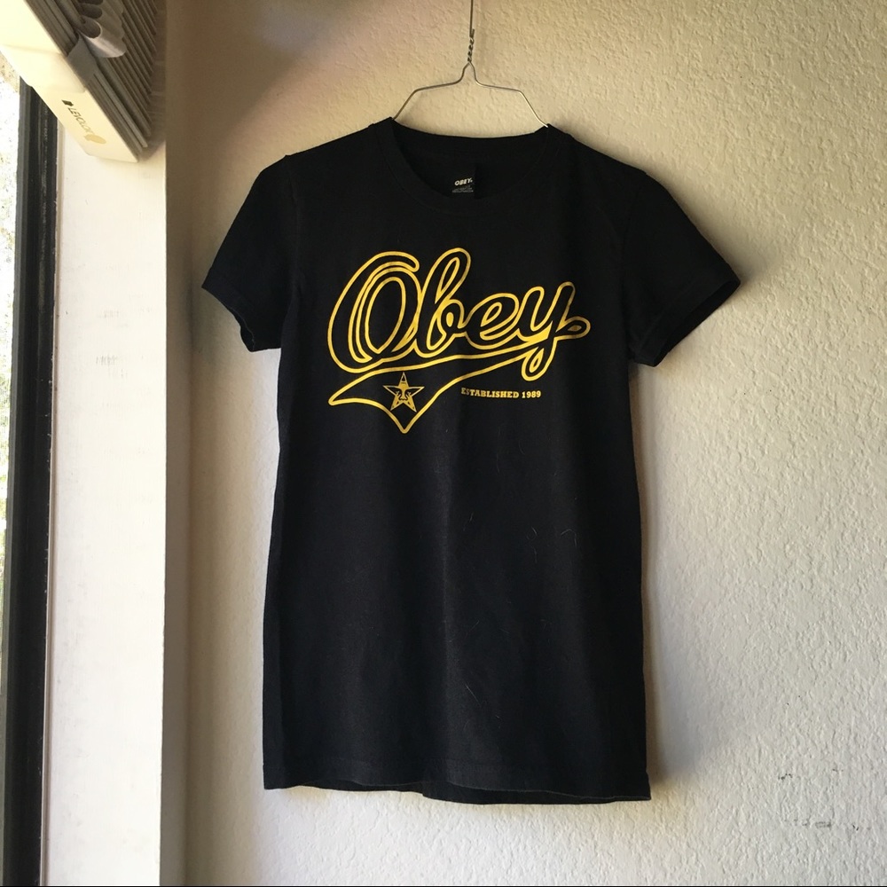 Black and yellow Obey shirt