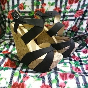 Black strappy cork wedge sandals