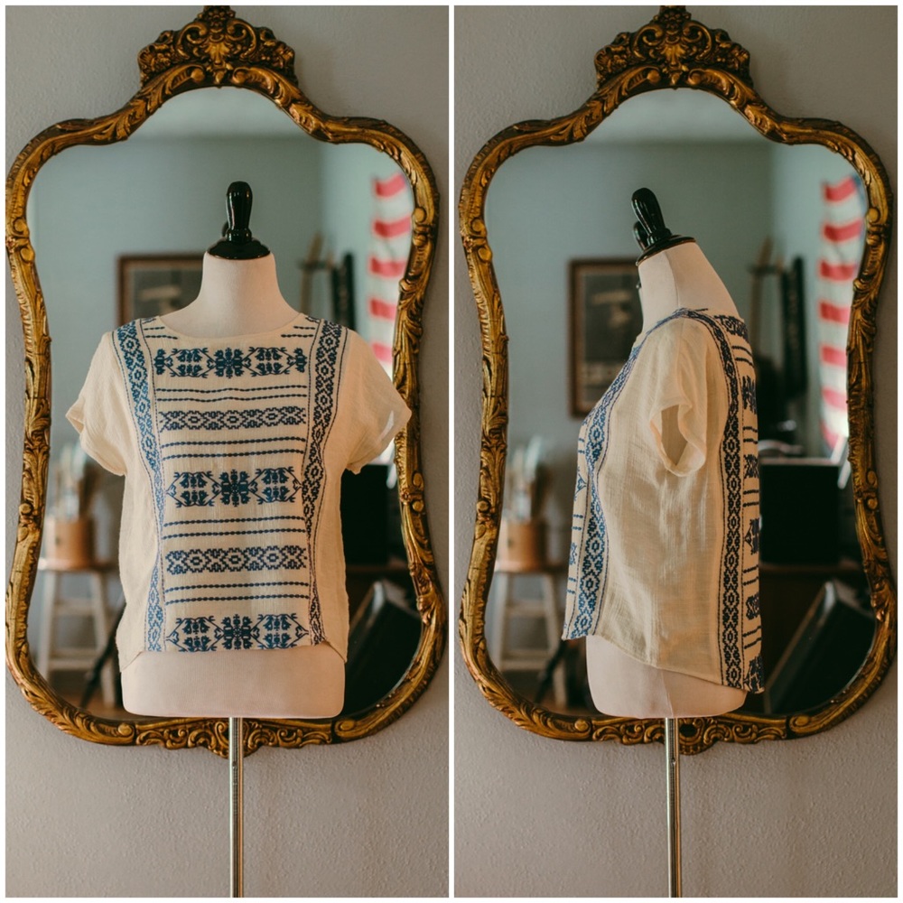 THML SS Cream with Blue Embroidery Top