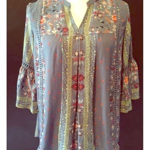 Knox Rose Peasant Blue Floral Blouse Bohemian
