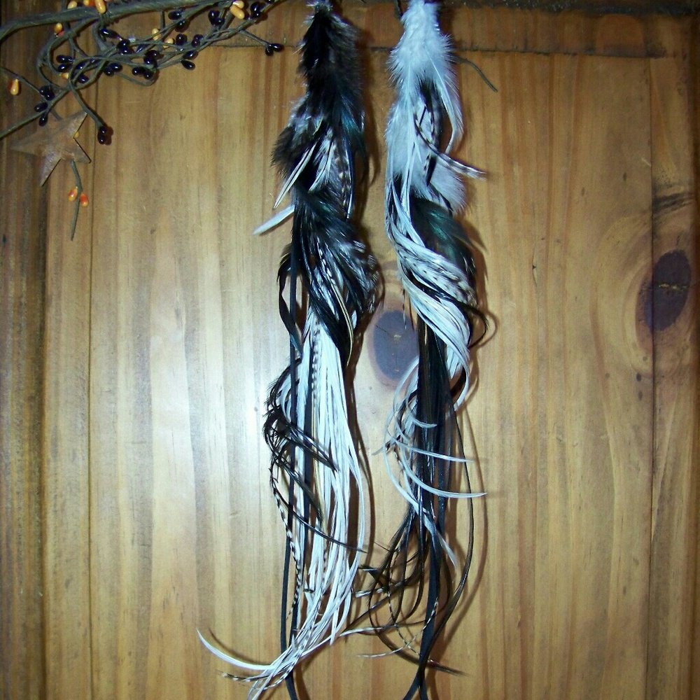 Long Black and White Feather Earrings Handmade
