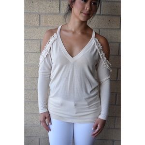 Cold shoulder, lace accent top