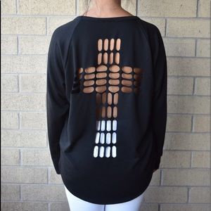 Cross detail, lawyer cut black sweater