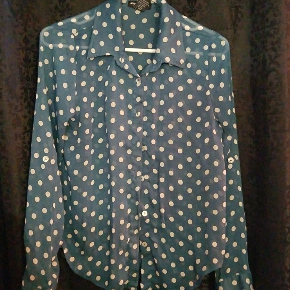 Teal polka dot collared button down