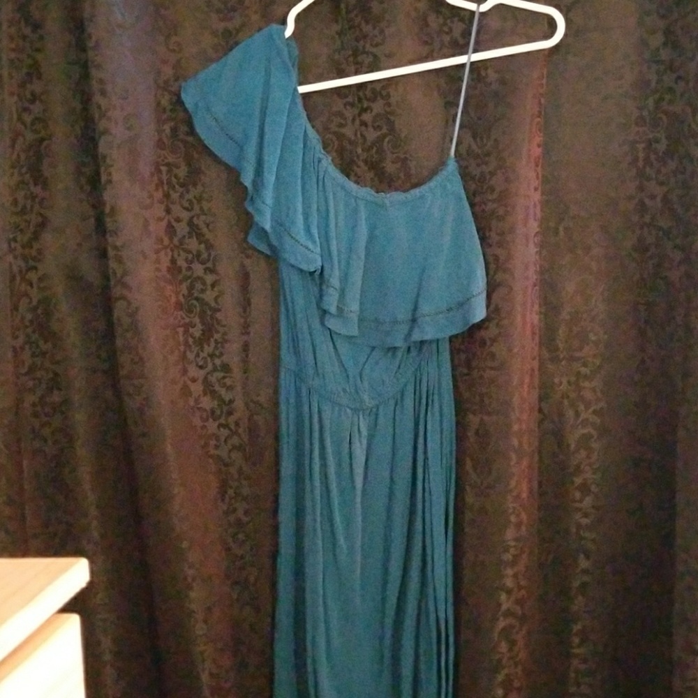 Teal one shoulder a line dress