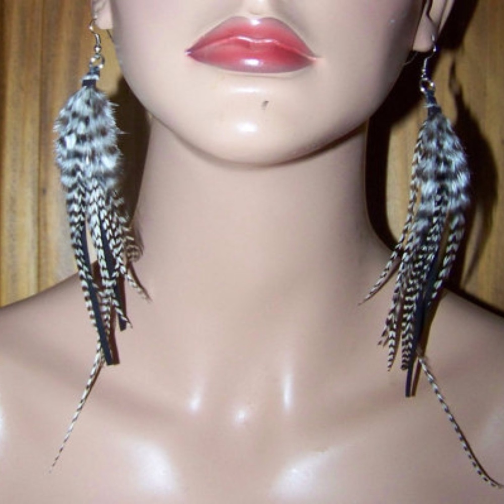 5" Black & White Grizzly Feather Earrings Handmade