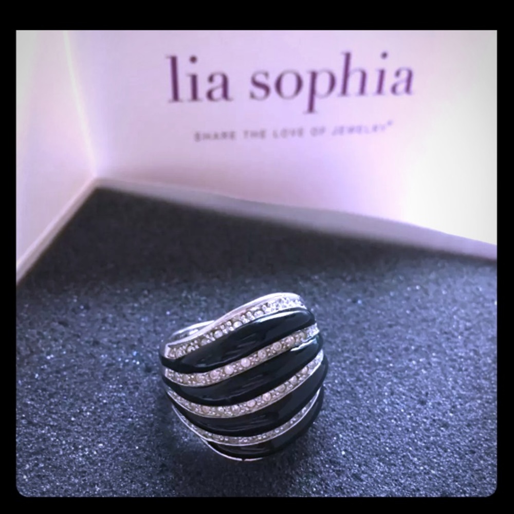 Lia Sophia black enamel and crystal ring