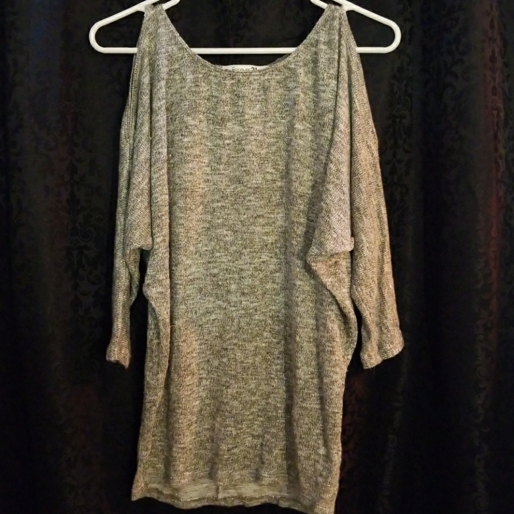 Dolman sleeve, cold shoulder, tunic sweater